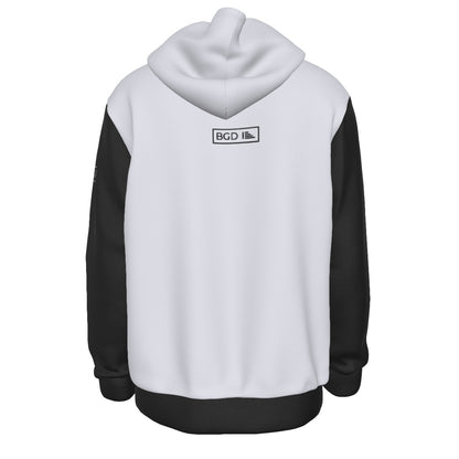 Back design of black and white Trust the Process polyester hoodie – BGD