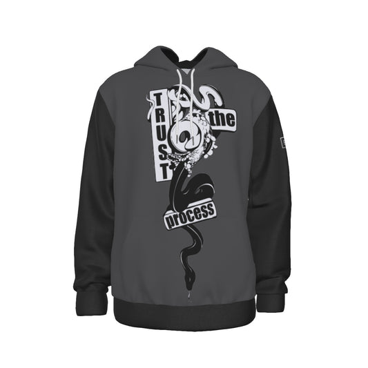 Front view of polyester hoodie in black and grey – Trust the Process design – BGD