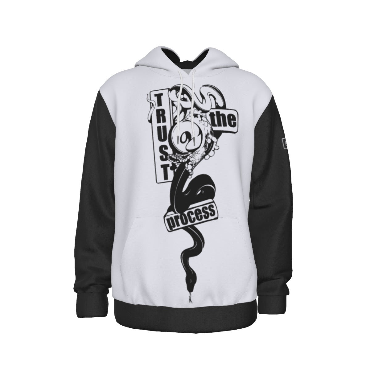 Front view of Trust the Process polyester hoodie in black and white – BGD