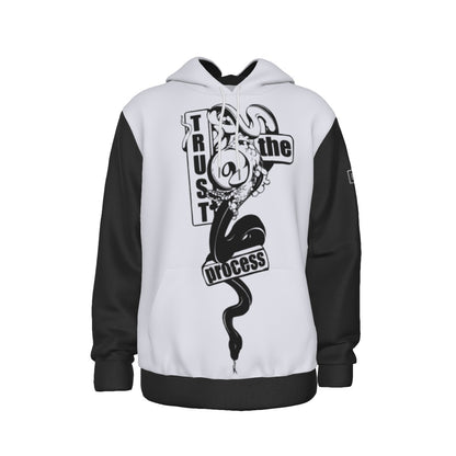 Front view of Trust the Process polyester hoodie in black and white – BGD