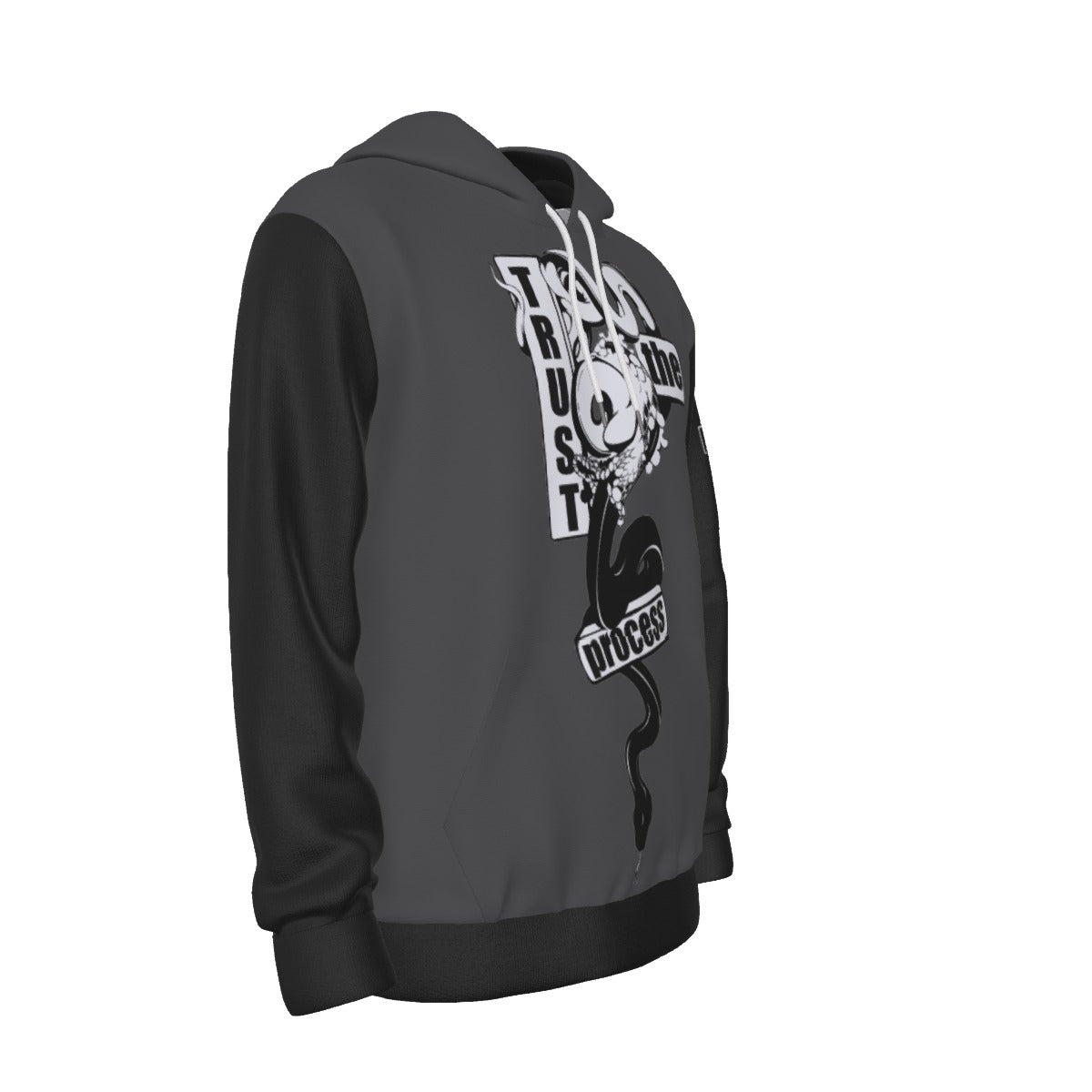 Side angle of gray and black Trust the Process polyester hoodie – BGD